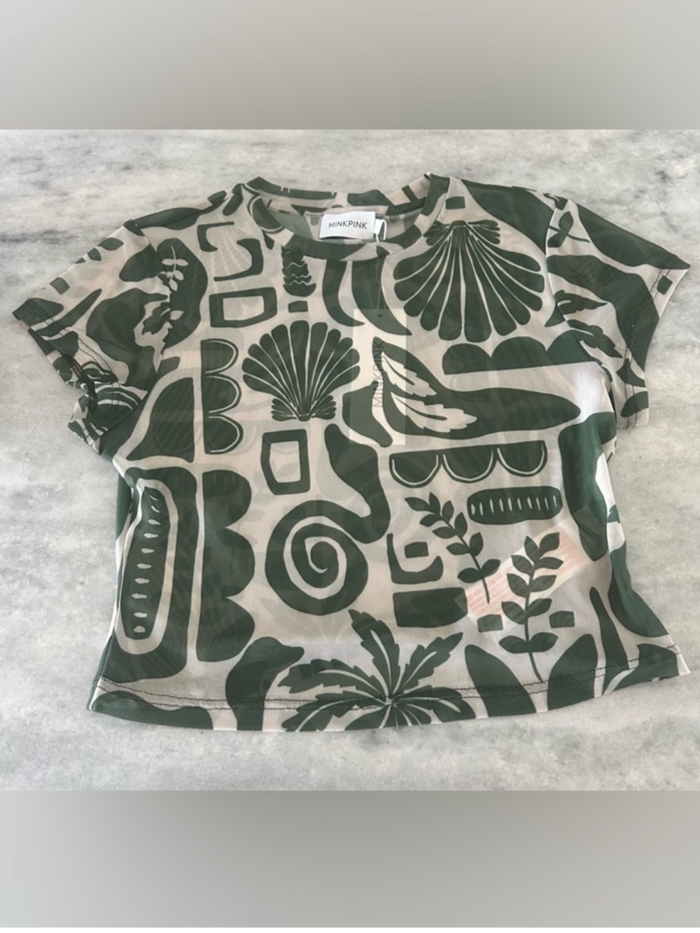 MINKPINK Amos Green and Cream Printed Mesh T-Shirt